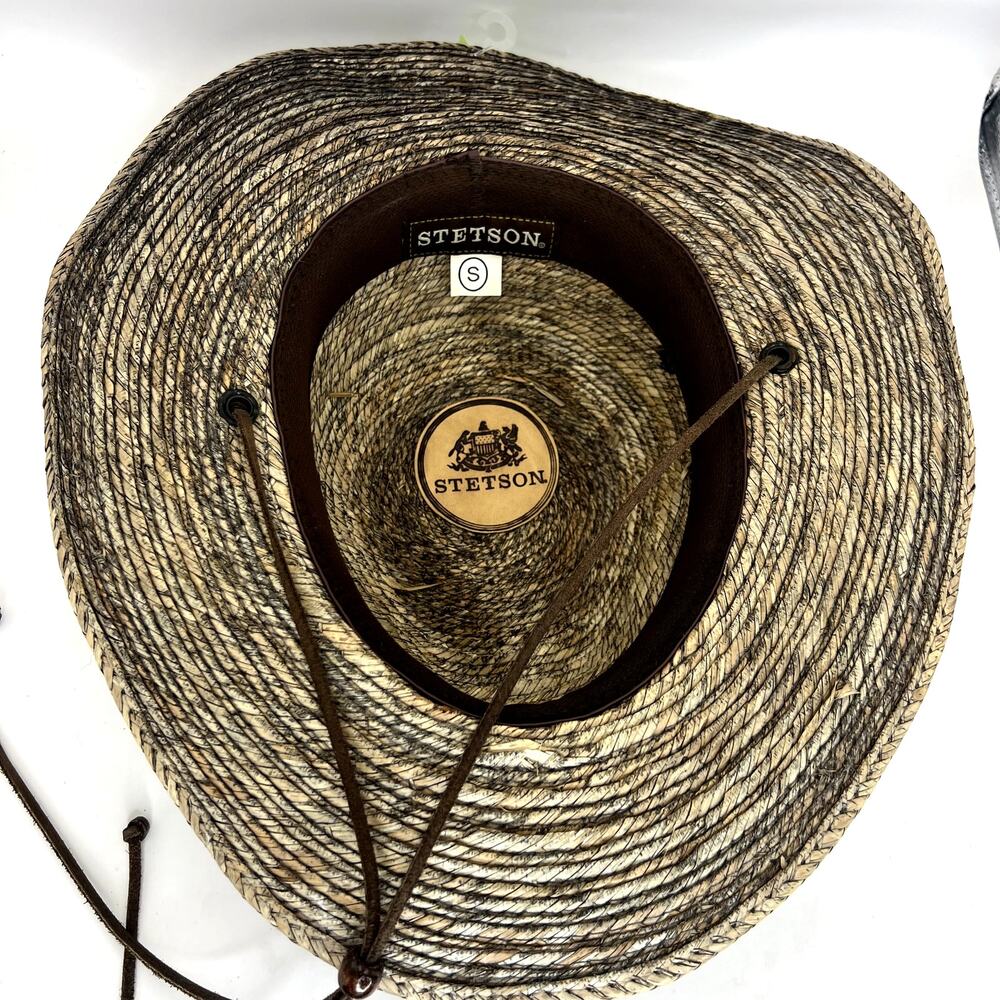 Stetson Marco Safari Sun Hat Stained Palm Straw Leather Band Chin Strap SMALL - Picture 7 of 9